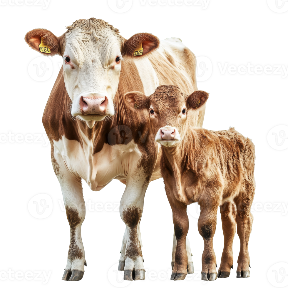 Cow and calf standing together in bright light png