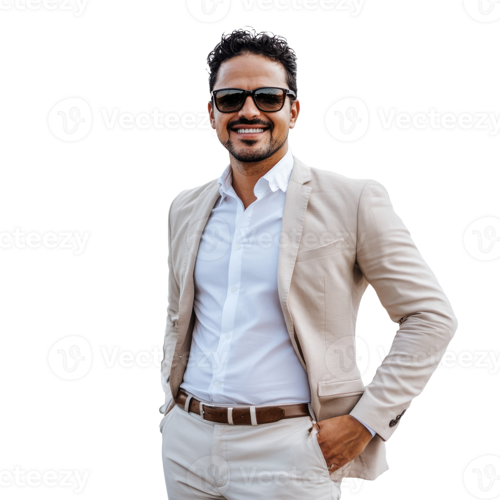 Confident man in light suit smiling outdoors png