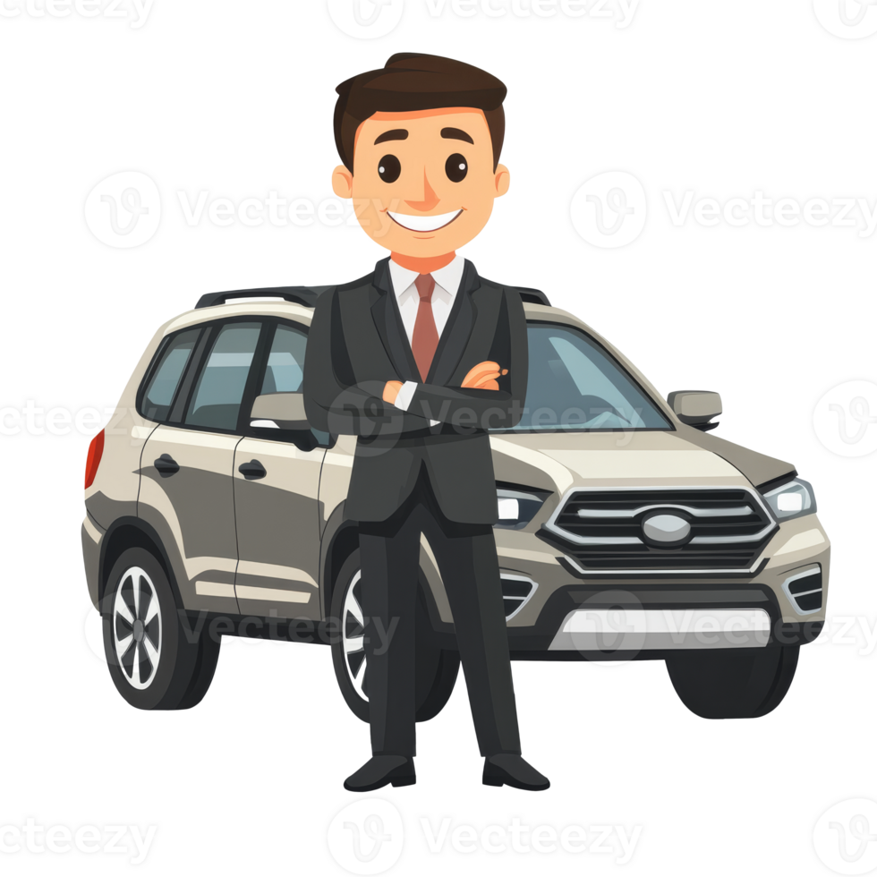 Sales pro confidently by a vehicle png