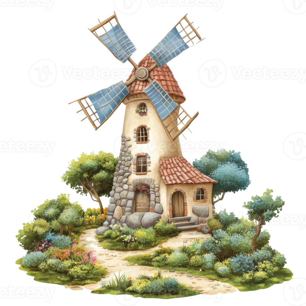 Charming windmill cottage in a garden png