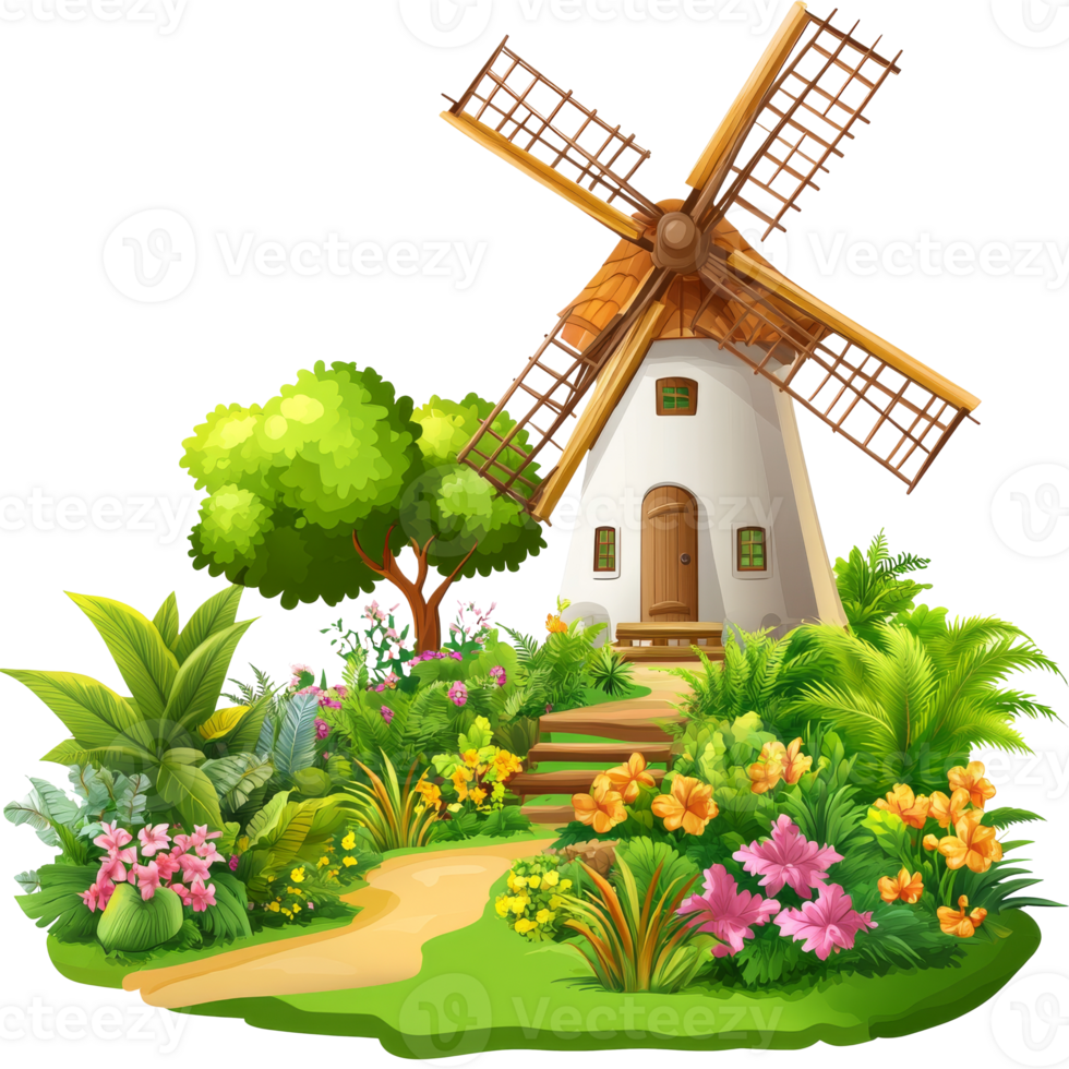 Windmill amid vibrant flowers and greenery png