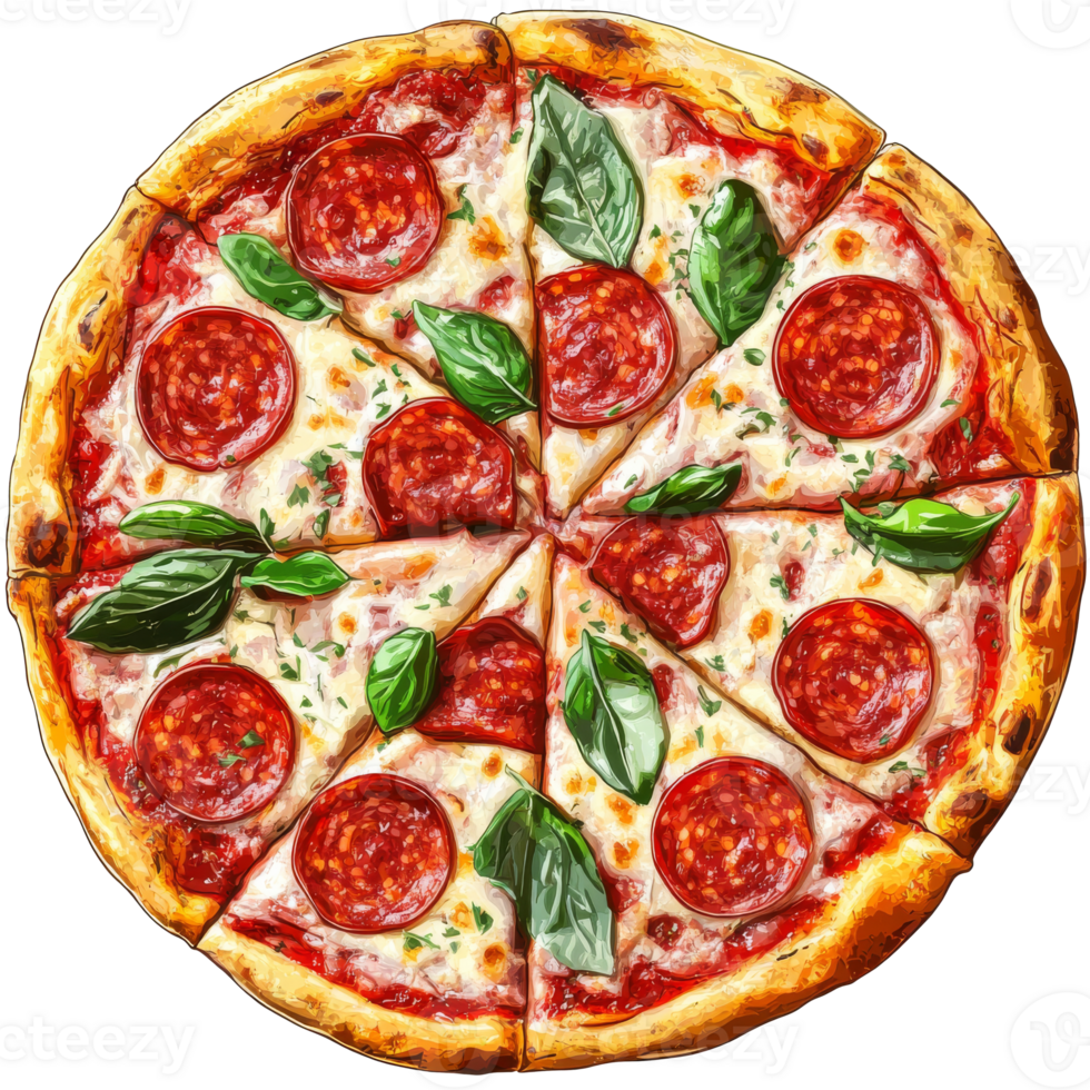 Pepperoni pizza with fresh basil on a wooden table png