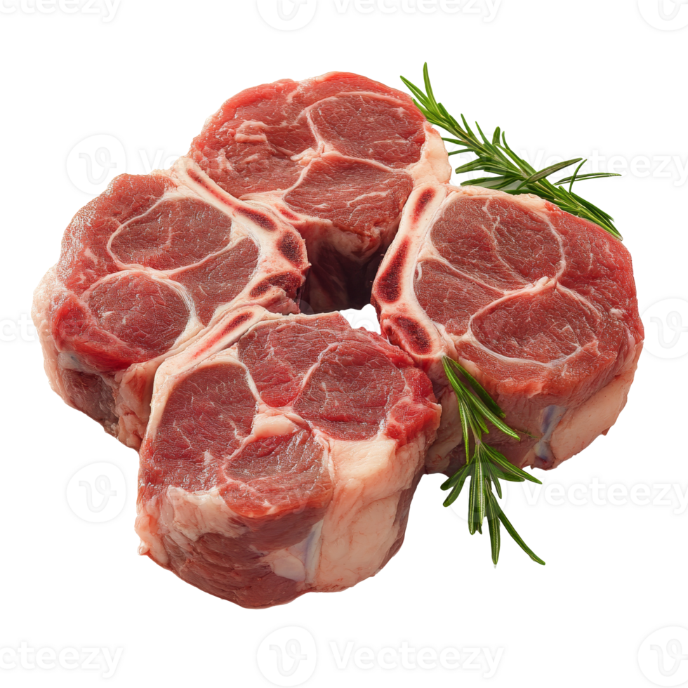 Cuts of fresh meat arranged with herbs for cooking png