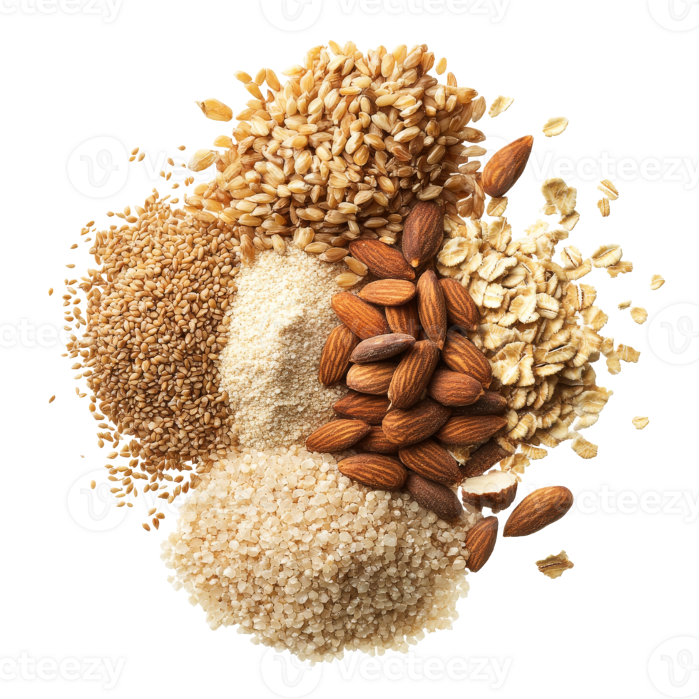 Variety of grains and nuts arranged on a surface png
