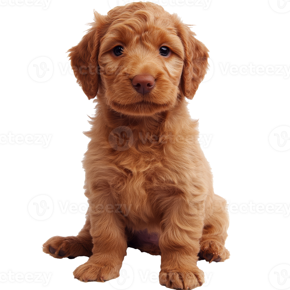Cute puppy sitting calmly indoors with fluffy coat png