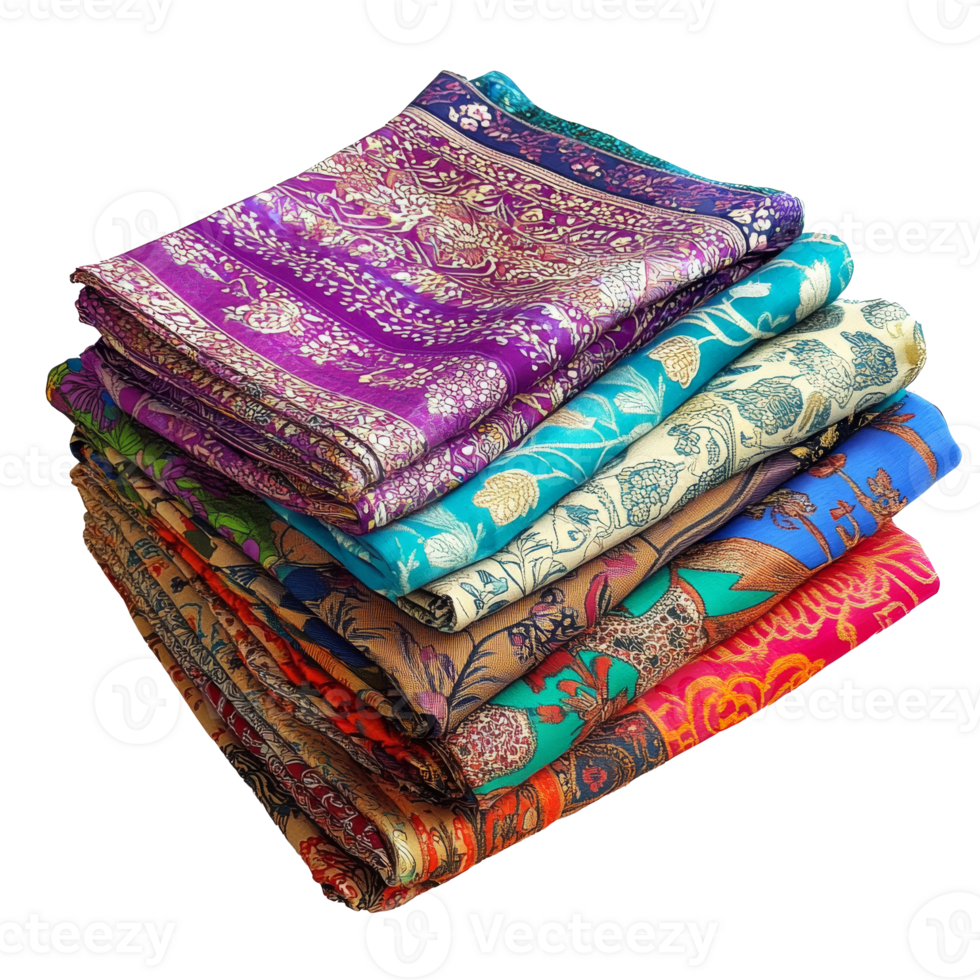 Stack of vibrant traditional fabrics png