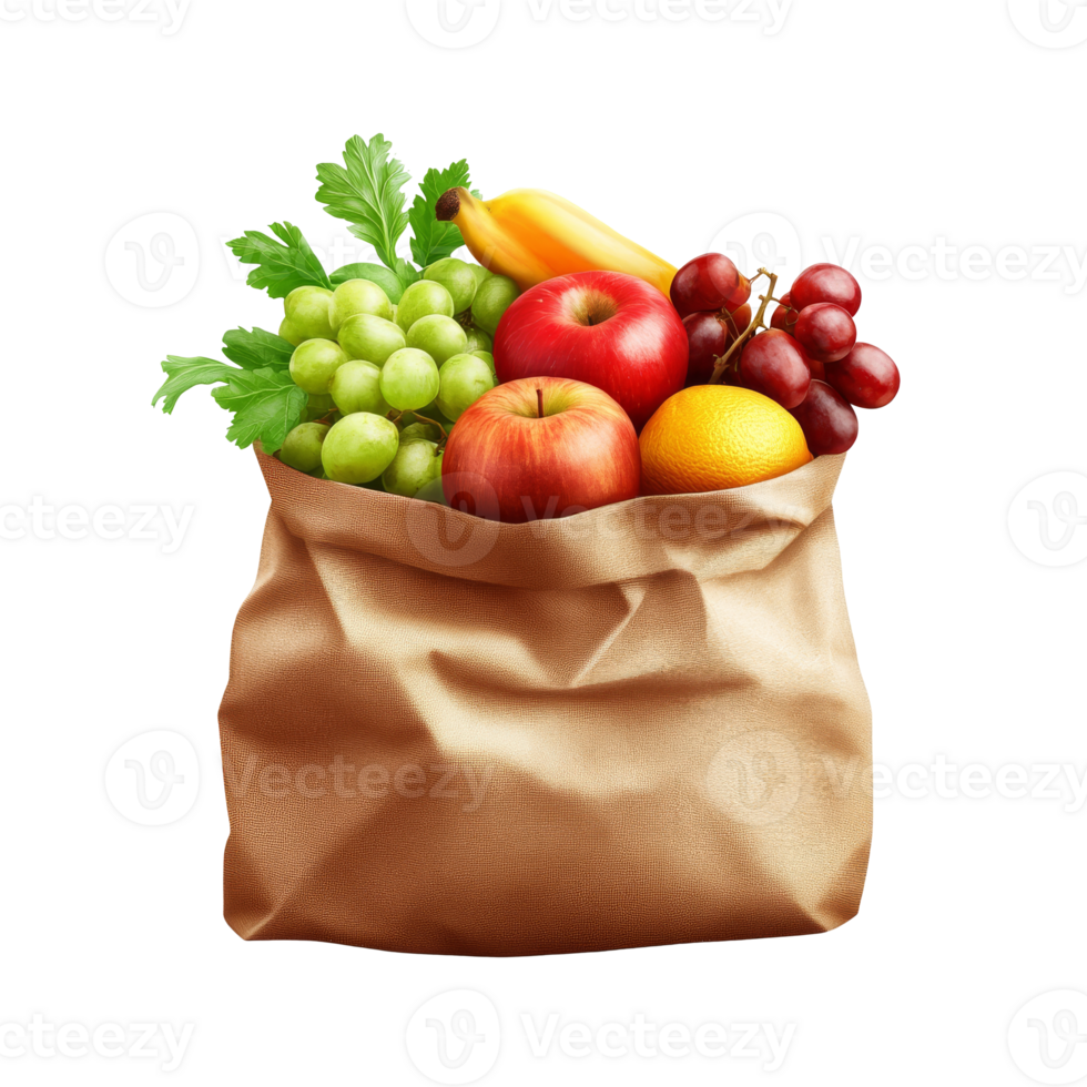 Fresh fruits and vegetables in a burlap bag png