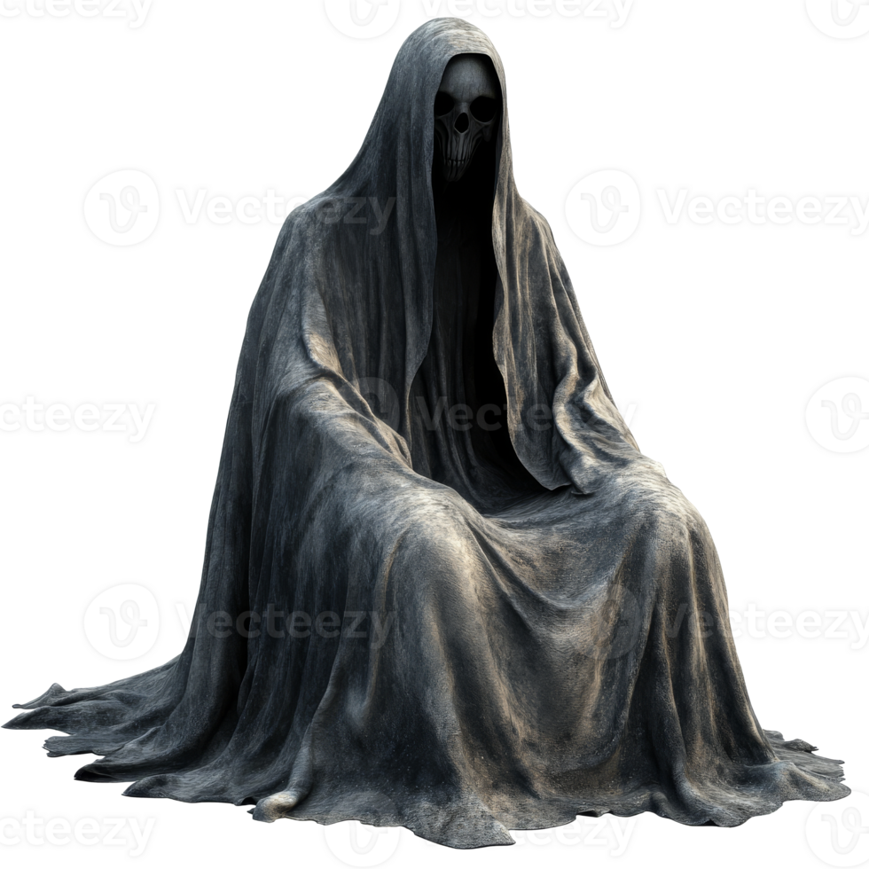 Mysterious hooded figure with a skull face statue png