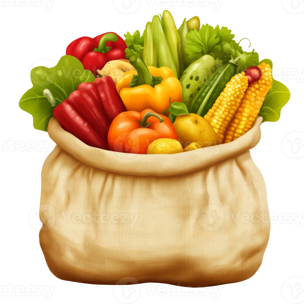 Harvest ready veggies in a burlap sack png