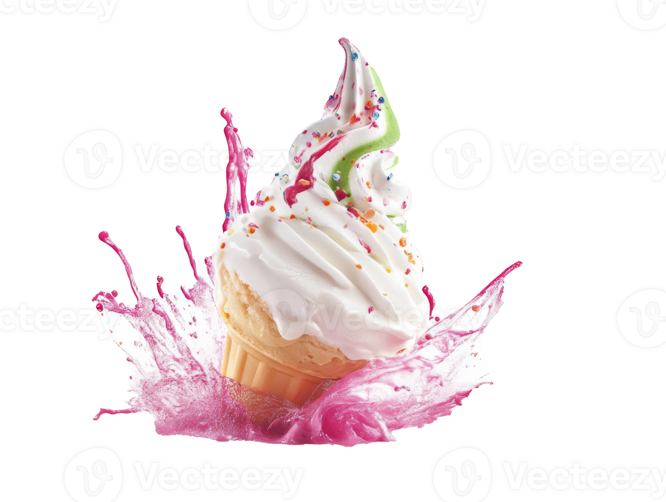Colorful ice cream cone splashing in liquid png