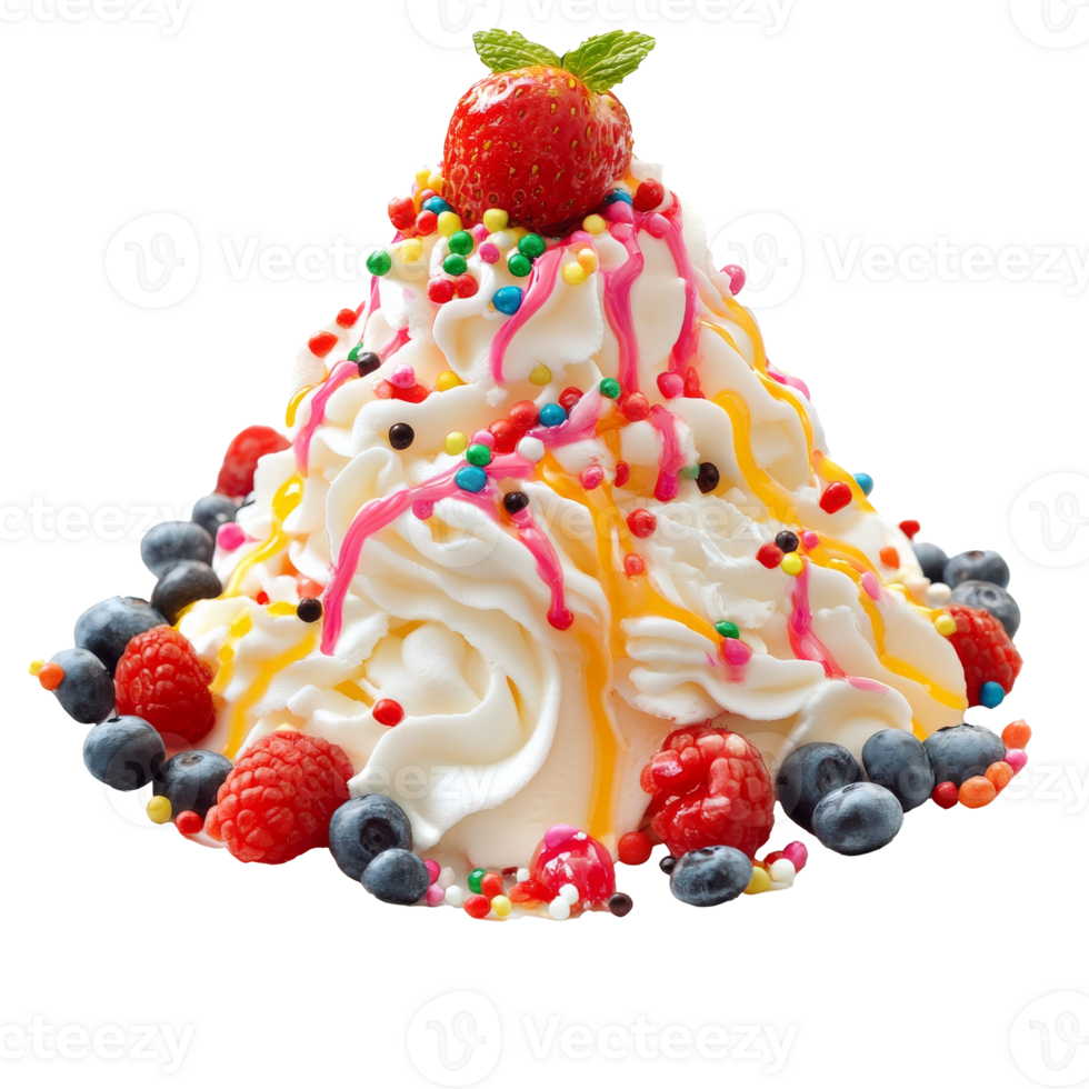 Delicious ice cream sundae with colorful toppings png