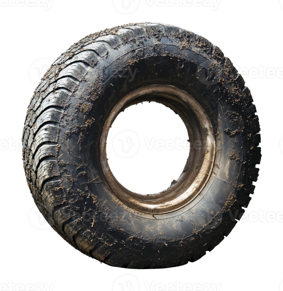 Old muddy tire resting on a white background png