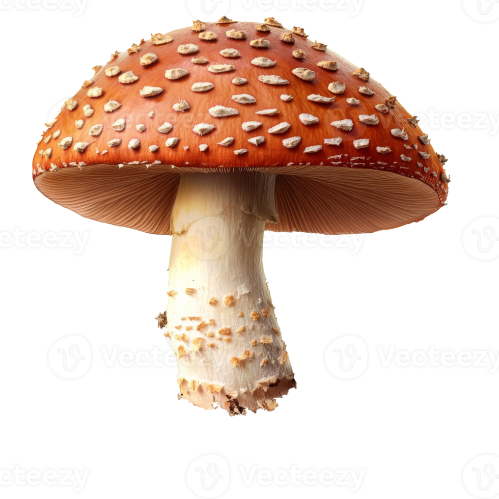 Bright red mushroom with white spots and stem png