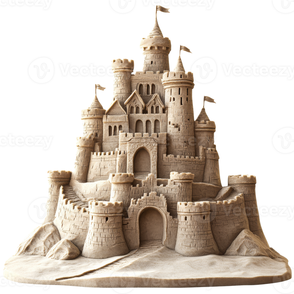 Sand castle built with intricate towers and walls png