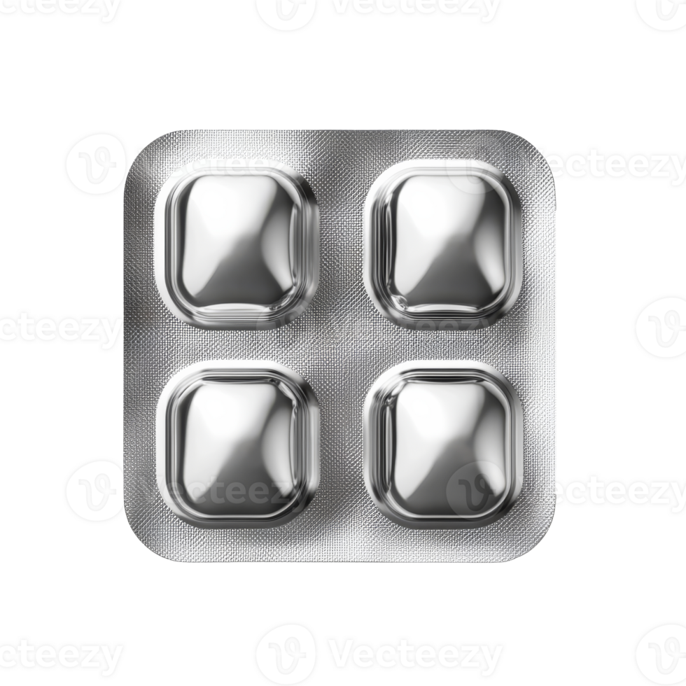 Silver pack with four pills on white png