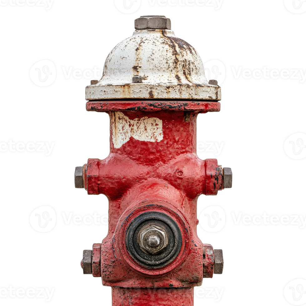 Red fire hydrant with weathered surface on street png