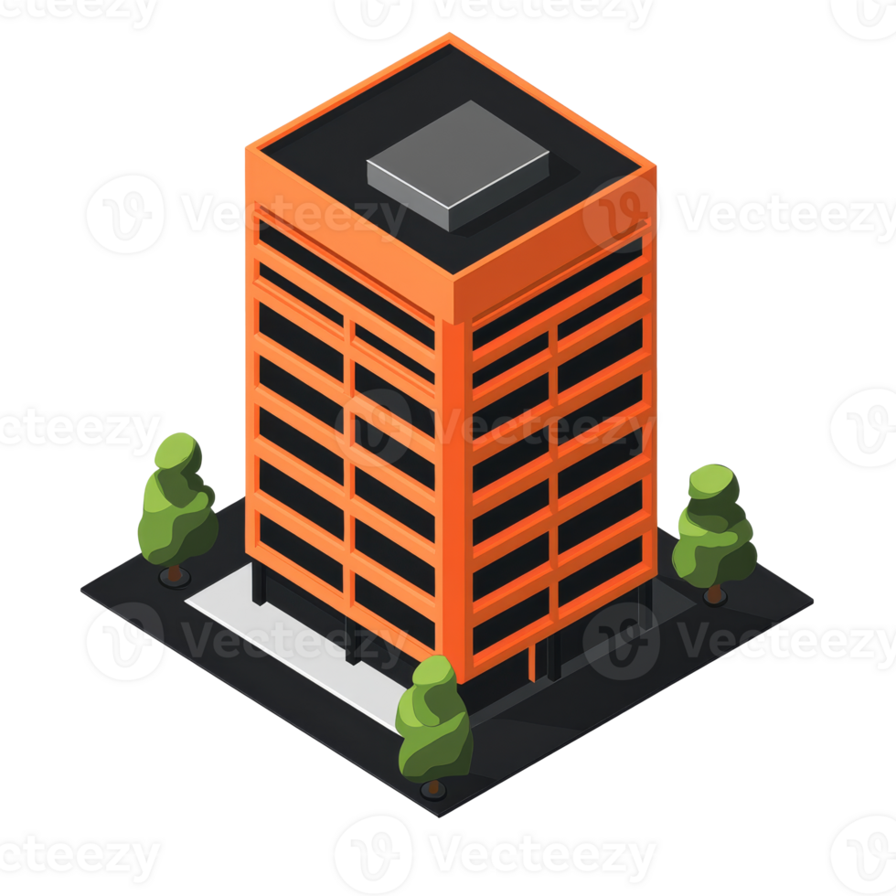 Modern orange building with trees and pathway png