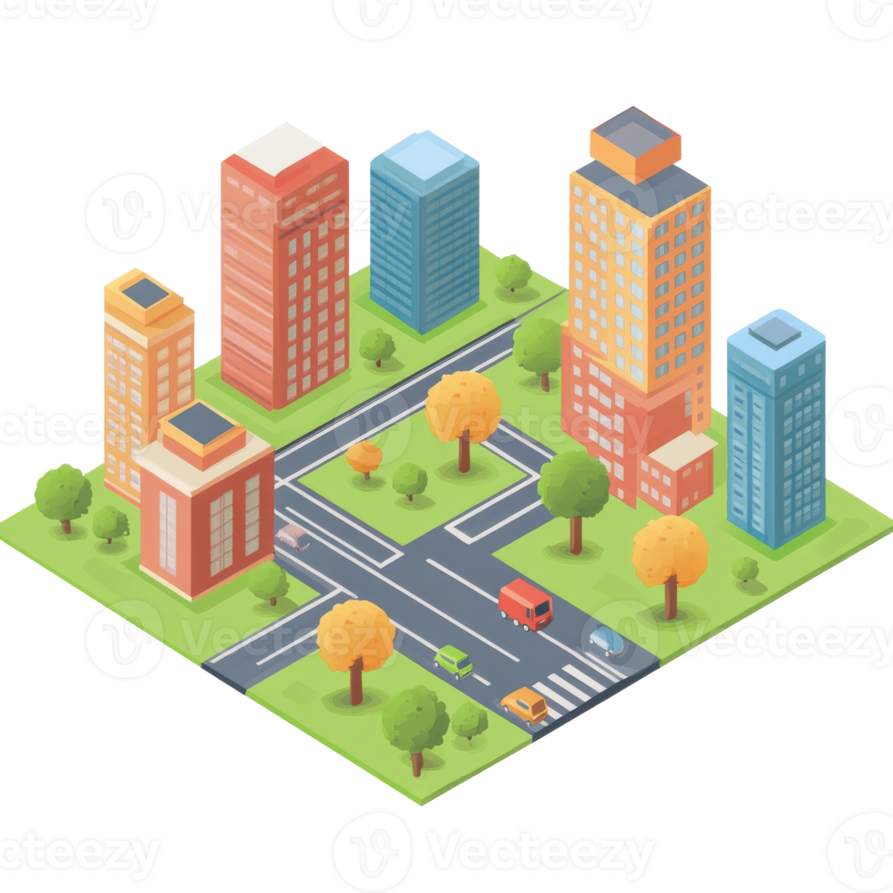 Daytime urban scene with buildings and roads png