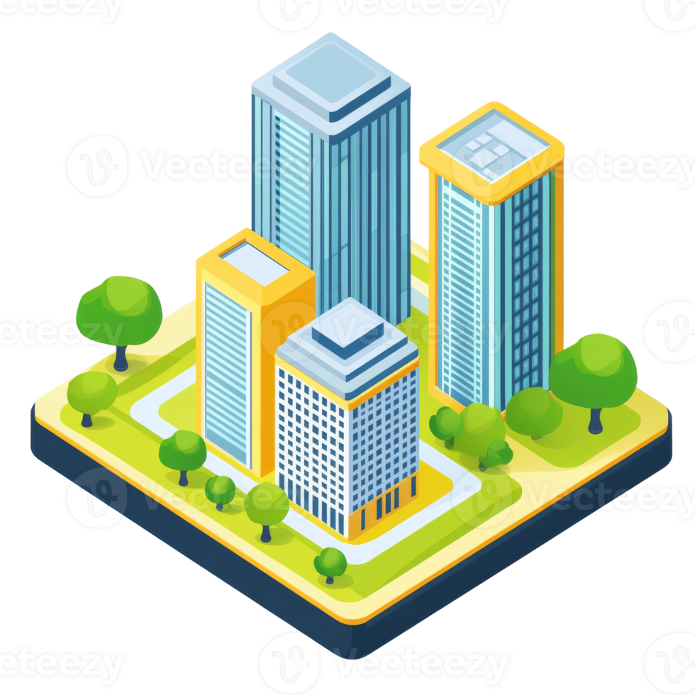 Modern cityscape with skyscrapers and greenery png