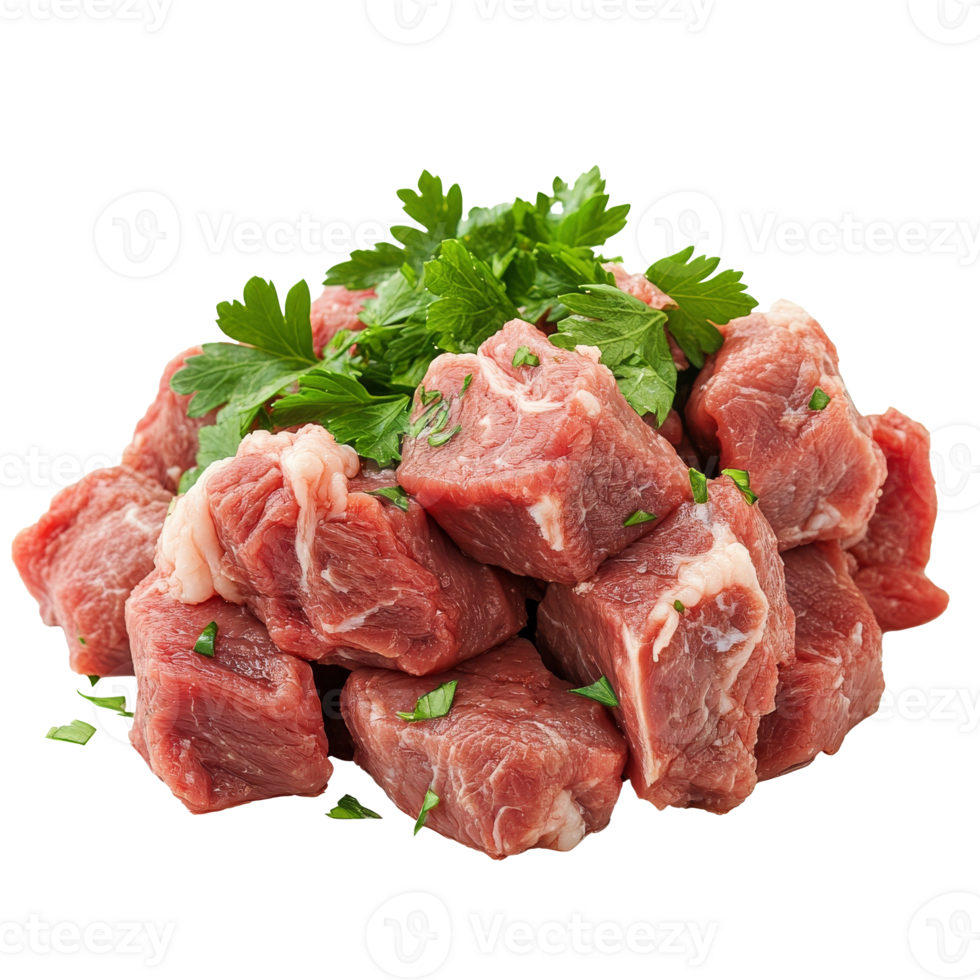 Freshly cut cubes of beef with green herbs png