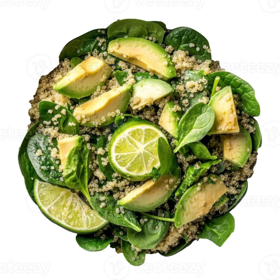 Fresh spinach and quinoa salad with avocado slices png