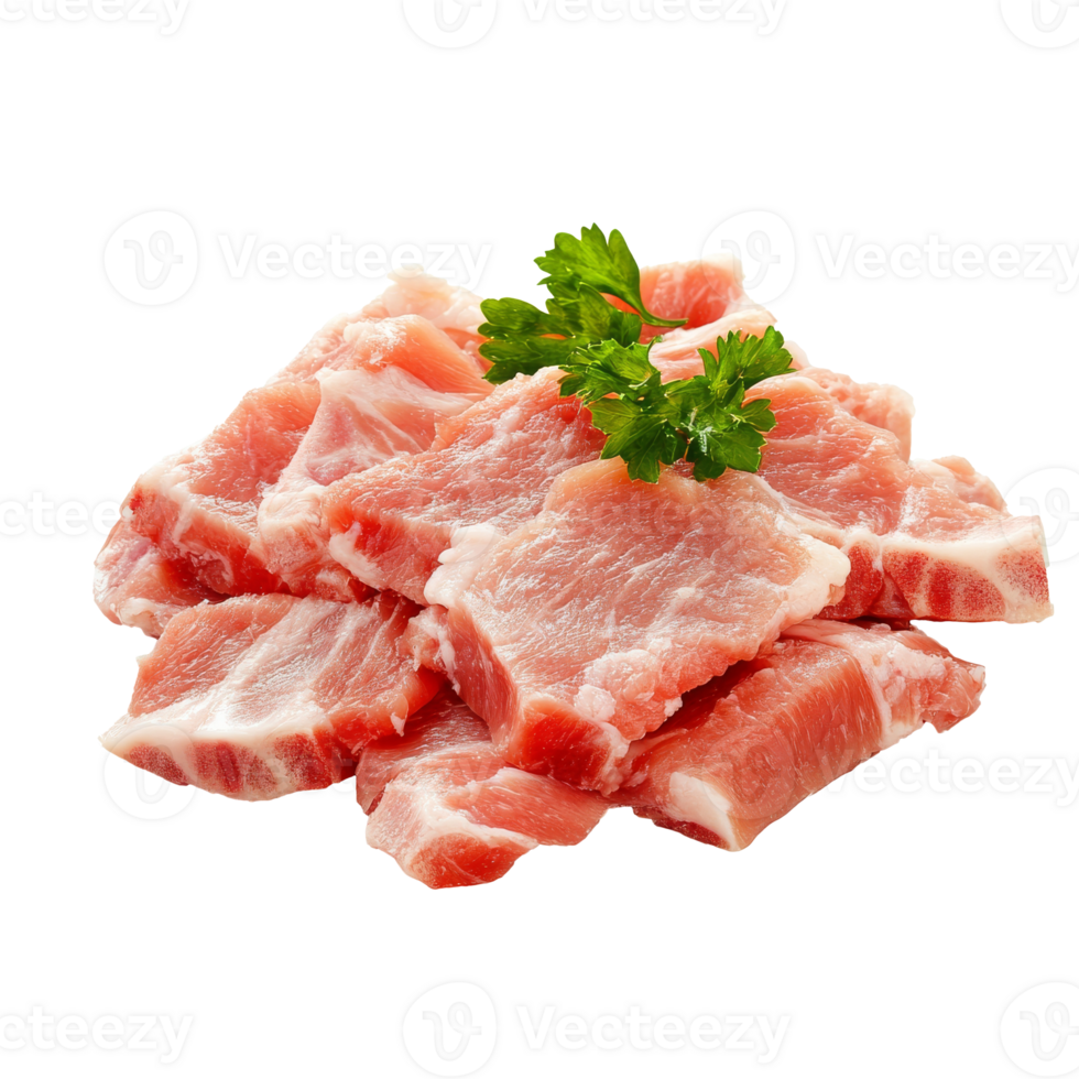 Freshly cut pork meat with garnish in a pile png