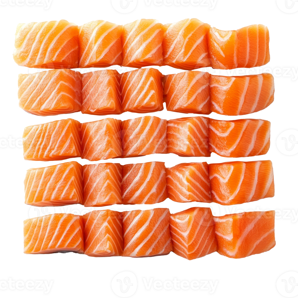 Neatly arranged salmon fillets on white png