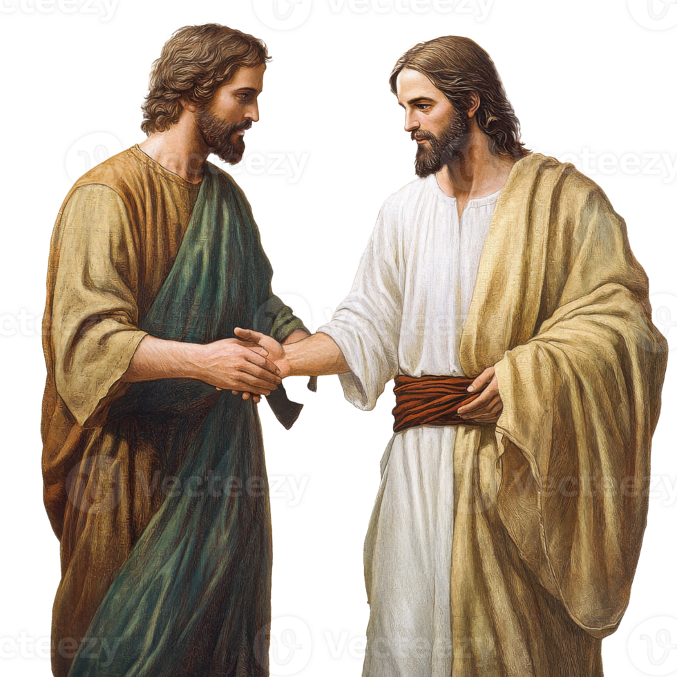 Meeting of two figures in a religious context png