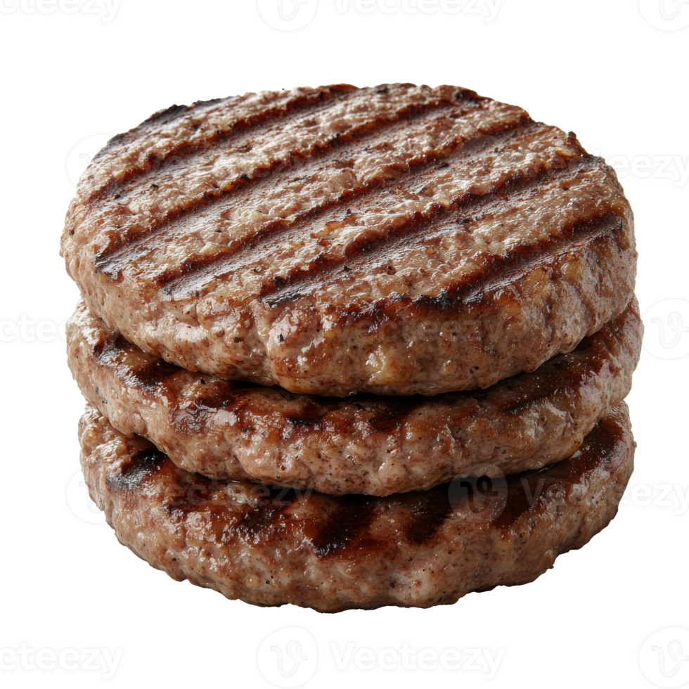 Grilled beef patties stacked on a white background png