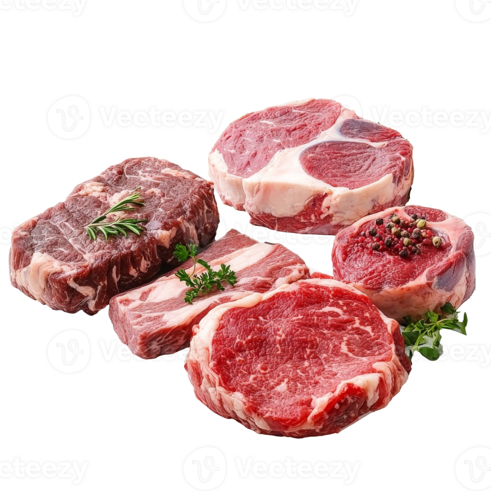 Various cuts of beef displayed on a white surface png