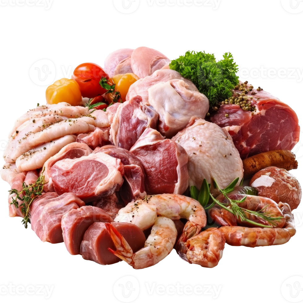 Fresh assortment of meats and seafood for cooking png