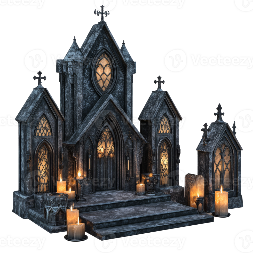 Gothic church with candles and eerie architecture png
