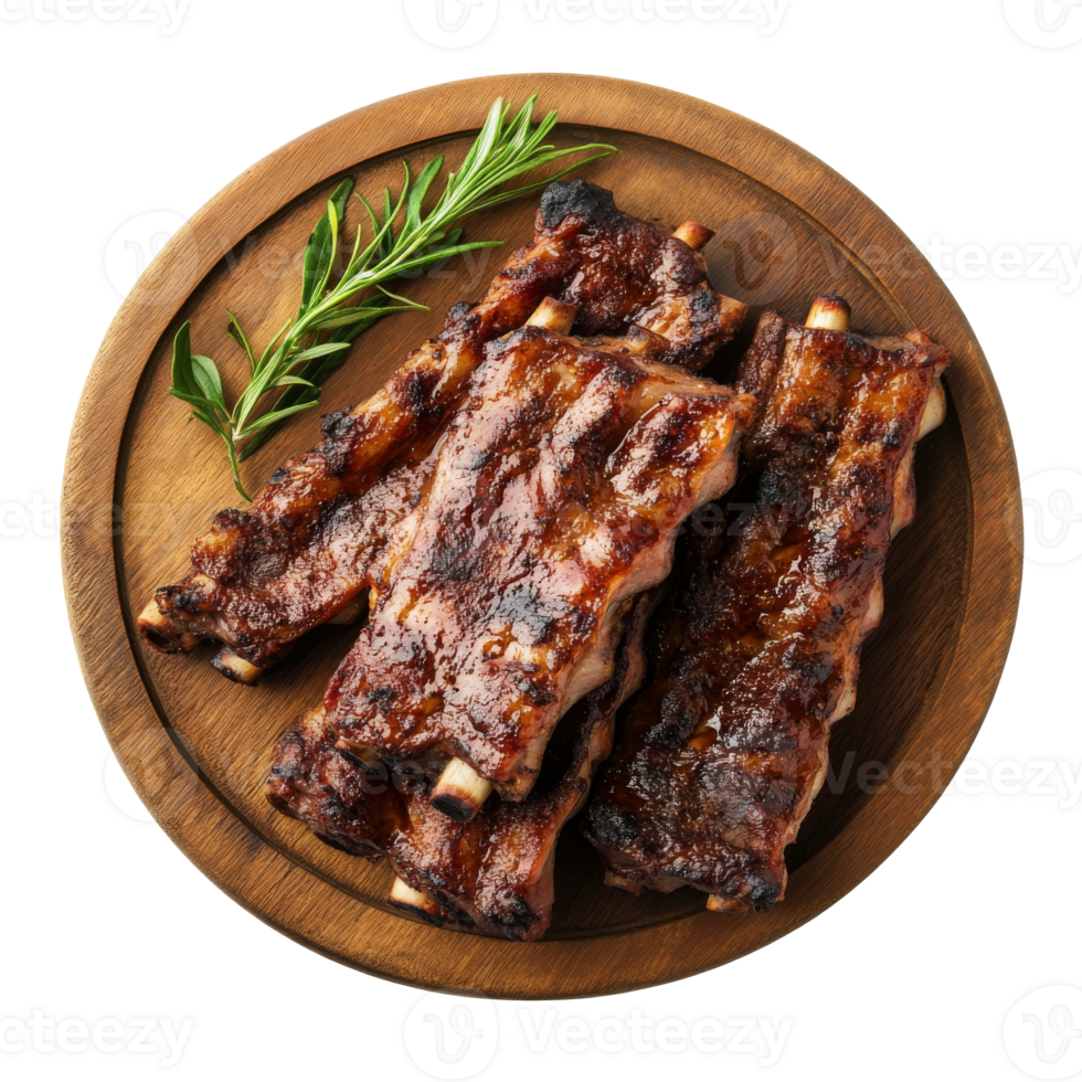 Delicious barbecue ribs served on a wooden platter png