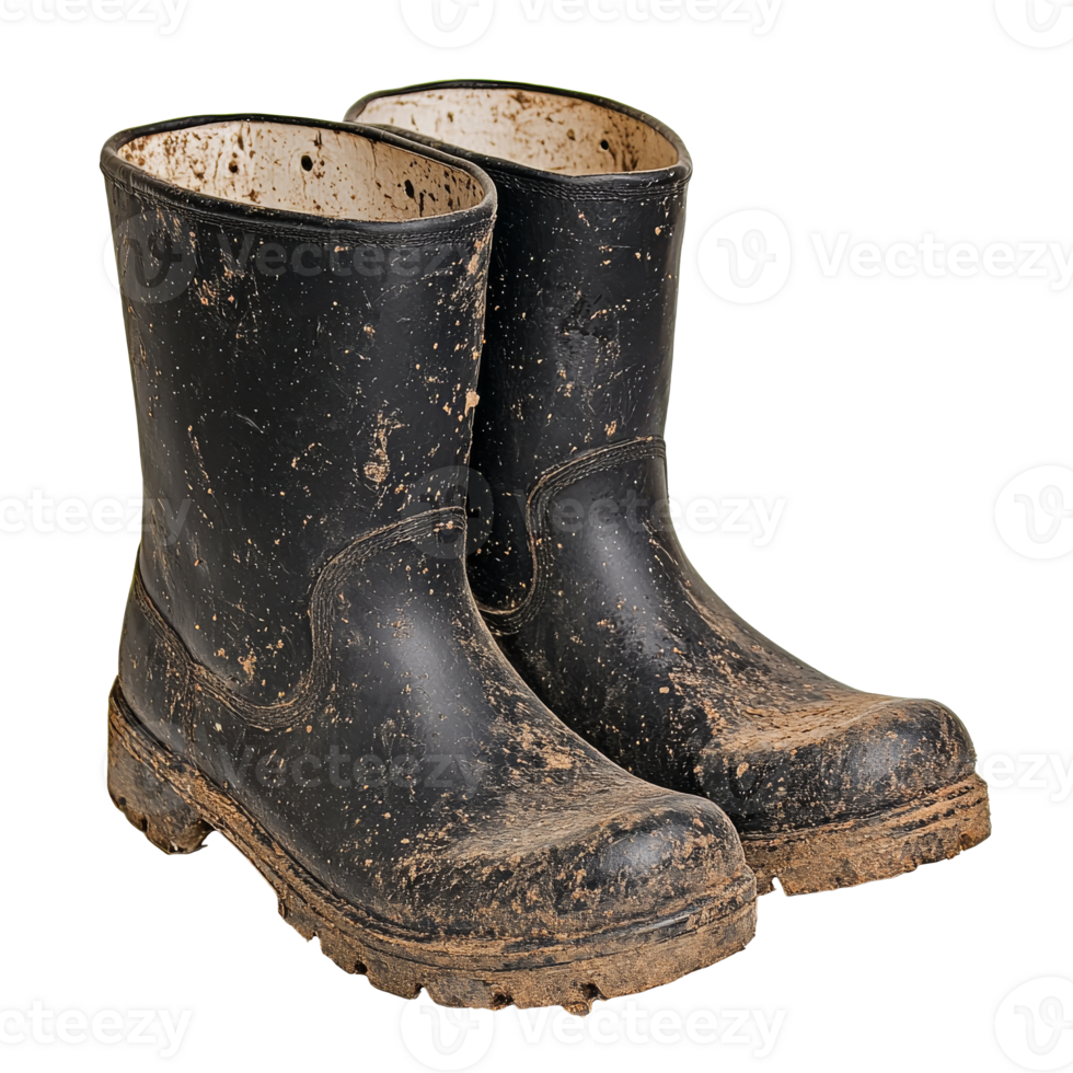Muddy black rubber boots ready for outdoor tasks png