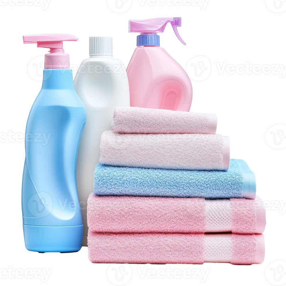Cleaning supplies and fresh towels for home care png