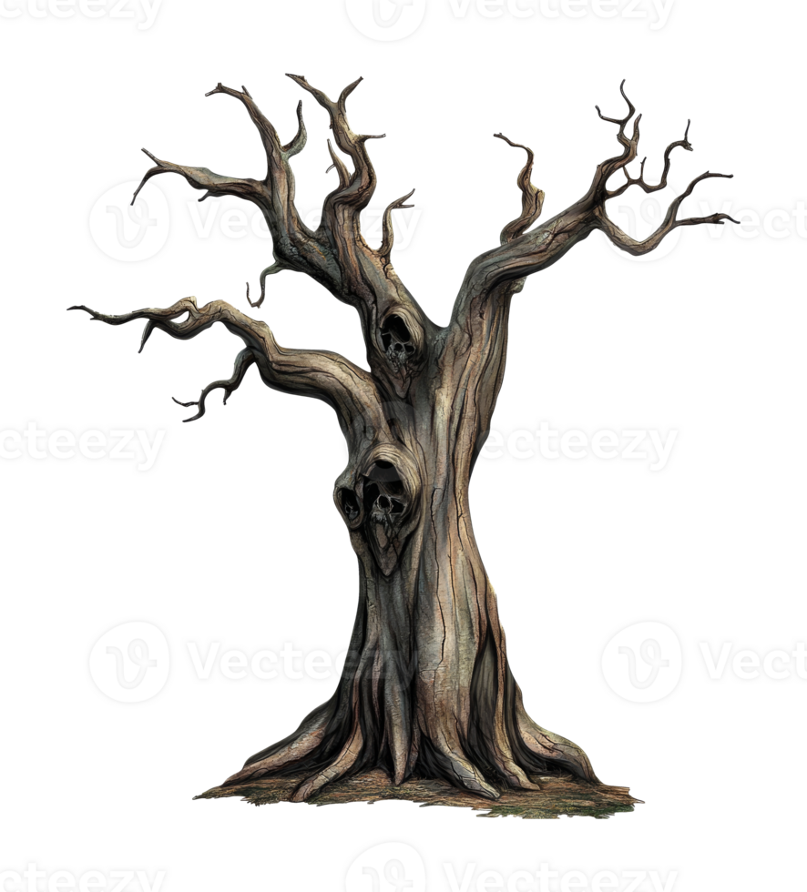 Gnarled tree with skulls in hollow openings png