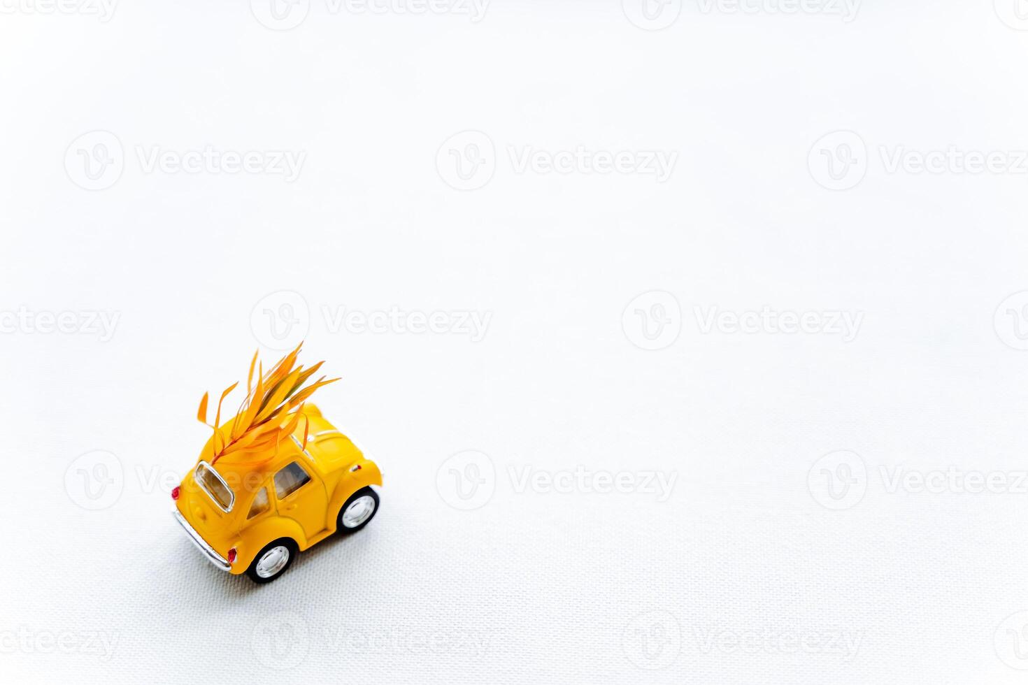 A small yellow car carries yellowed leaves. Autumn minimalistic composition with a toy car on a white background. photo