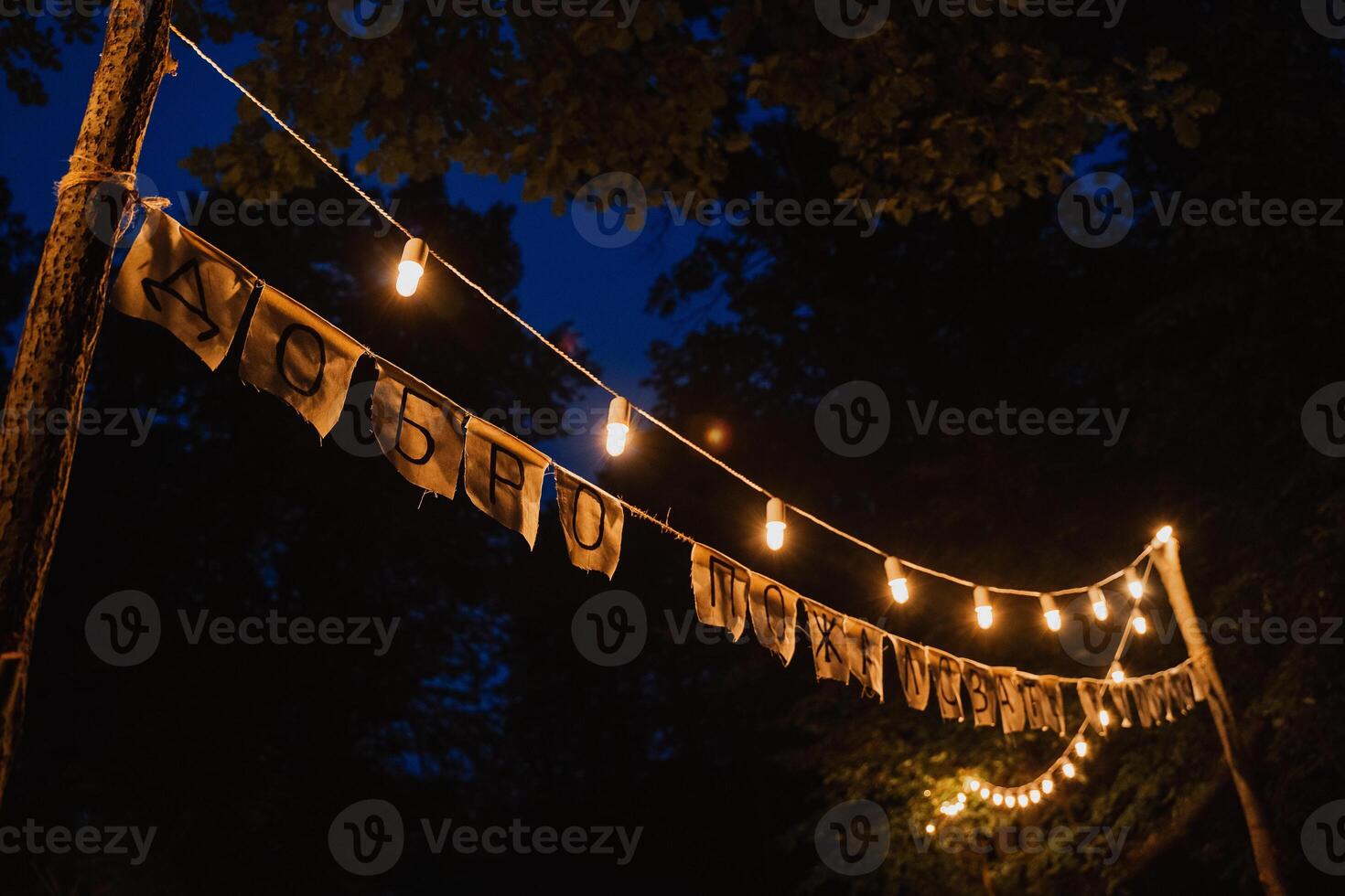 evening light bulbs in a country house in nature, light in the dark from a garland, holiday decor, outdoor photo