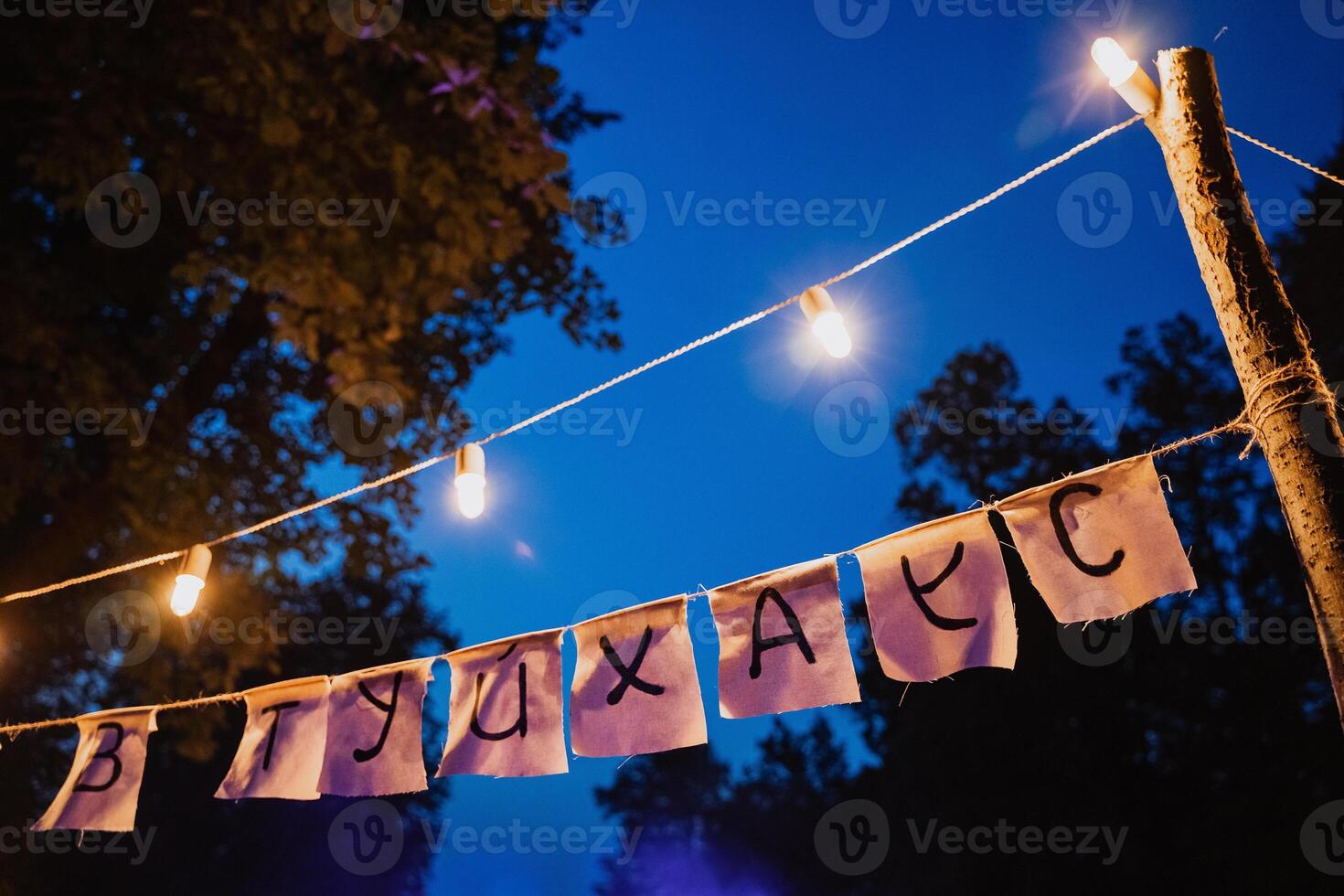 evening light bulbs in a country house in nature, light in the dark from a garland, holiday decor, outdoor photo
