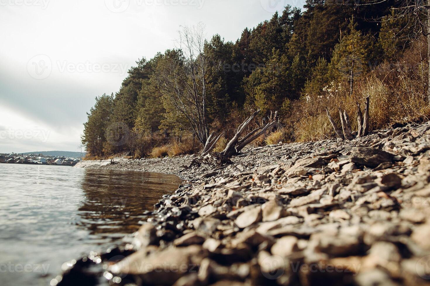 stone lake shore, cold autumn weather on the lake, water, forest on the horizon, autumn landscape photo