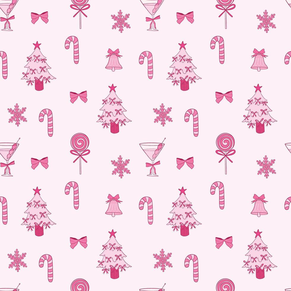 Festive Pink Christmas Pattern With Candy Canes and Trees vector