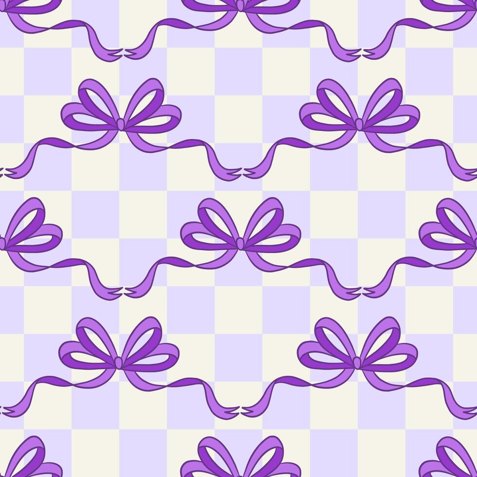 Seamless Purple Bow Pattern on Checkered Background Design vector