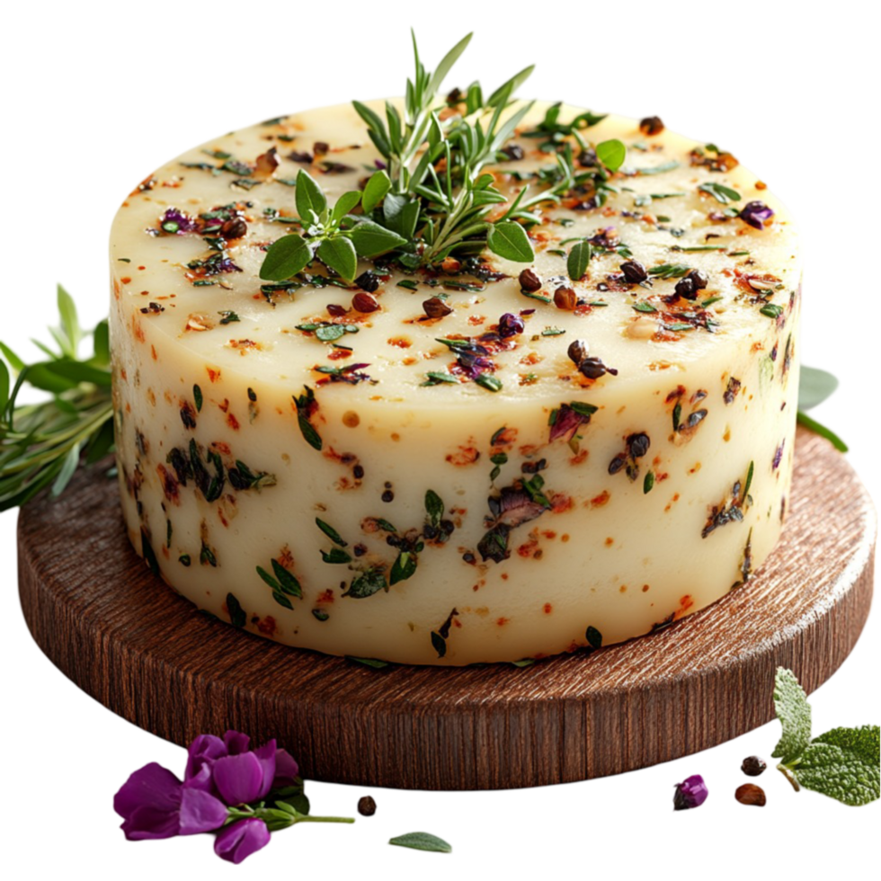 Artisanal Cheese Wheel with Strawberry and Rosemary Garnish for Elegant Presentation png