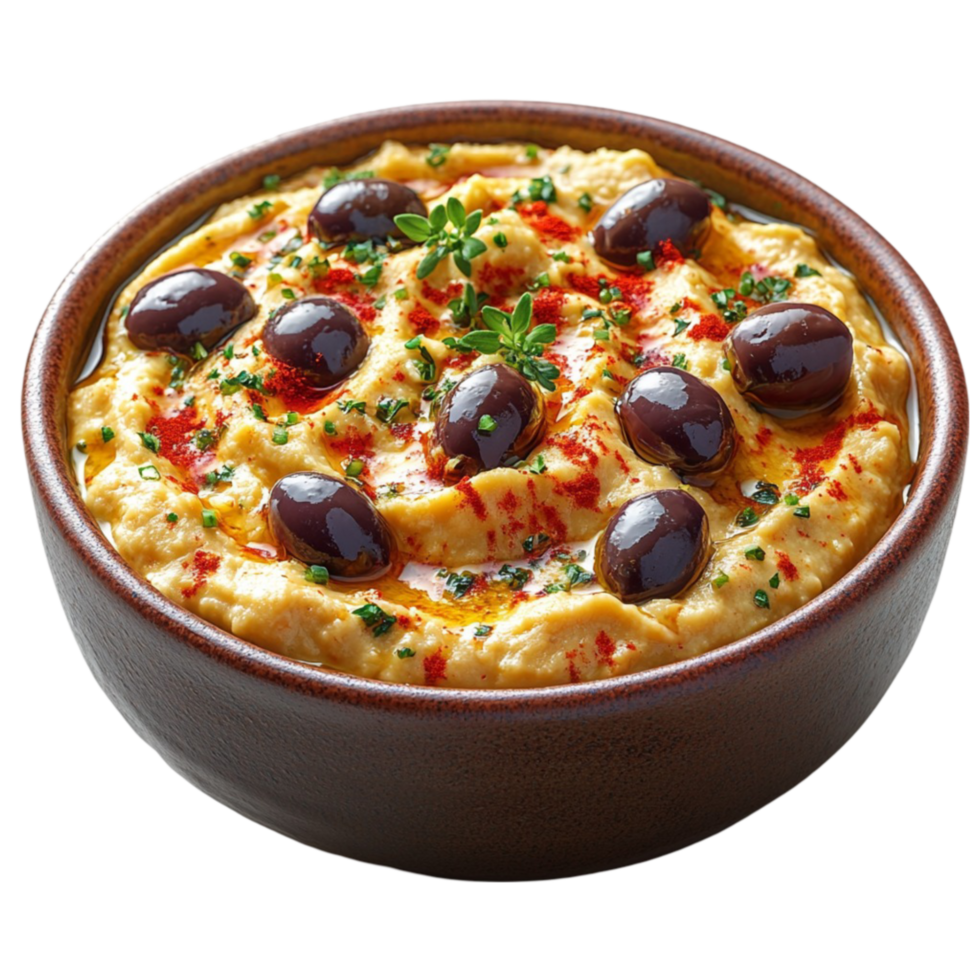 hummus in a bowl with olives on a transparent background png