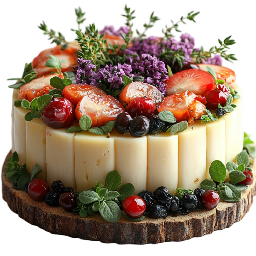 Decorative Cheese Wheel Garnished with Fresh Herbs and Colorful Berries png