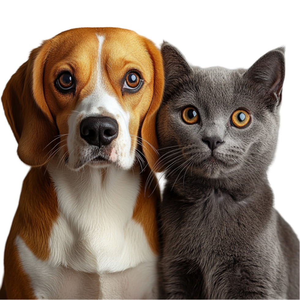Friendly Beagle and Curious Gray Kitten Interaction png