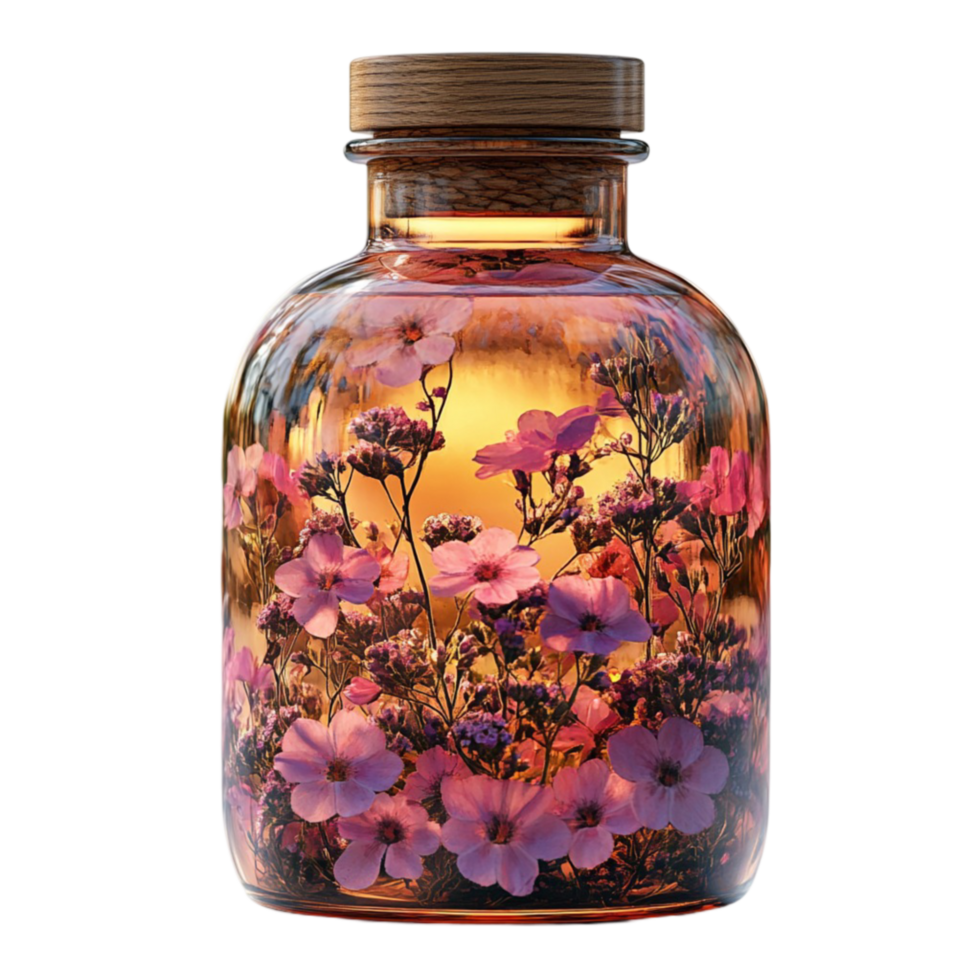 3D Beautiful Pink flowers Perfume Container Isolated On Transparent Background png