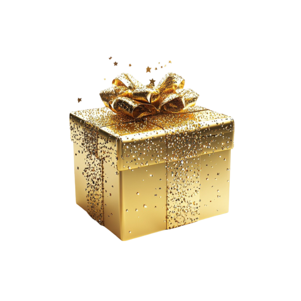 Golden Gift Box with Star Accents, Isolated on a Transparent Canvas png