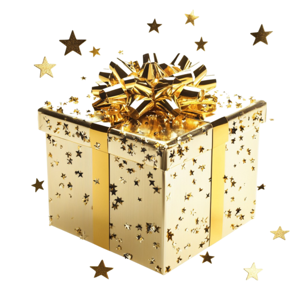 Premium Gold Gift Box with Sparkling Stars, Isolated on Clear Background png