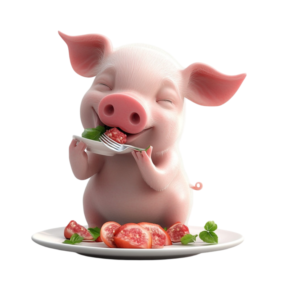 3D Render of Pig Eating Meat on Plate png